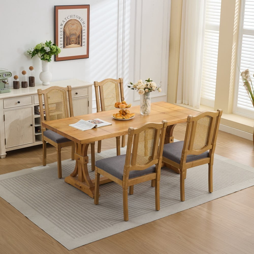 Rattan Dining Chairs Set of 2, Solid Wood Kitchen Chairs with High Rattan Backrest, Matte Linen Cushion, Foam & S-Springs, Gray