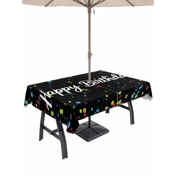 Outdoor Tablecloth with Umbrella Hole and Zipper, Black Birthday Rectangle Table Cloth 52x70 Inch Waterproof Tablecloth, Colorful Confetti Ribbons Polka Dots Classroom Picnic Table Cover for Patio