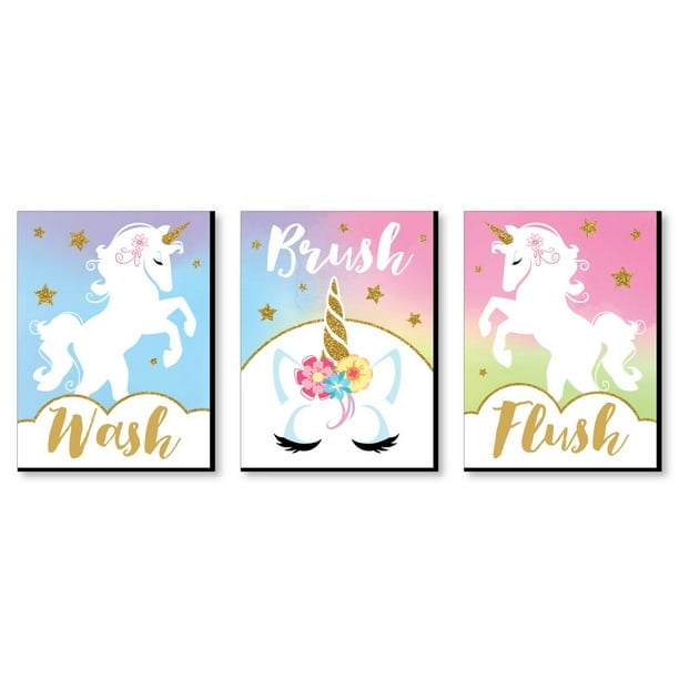 Rainbow Unicorn Kids Bathroom Rules Wall Art 7.5" x 10" Set of 3