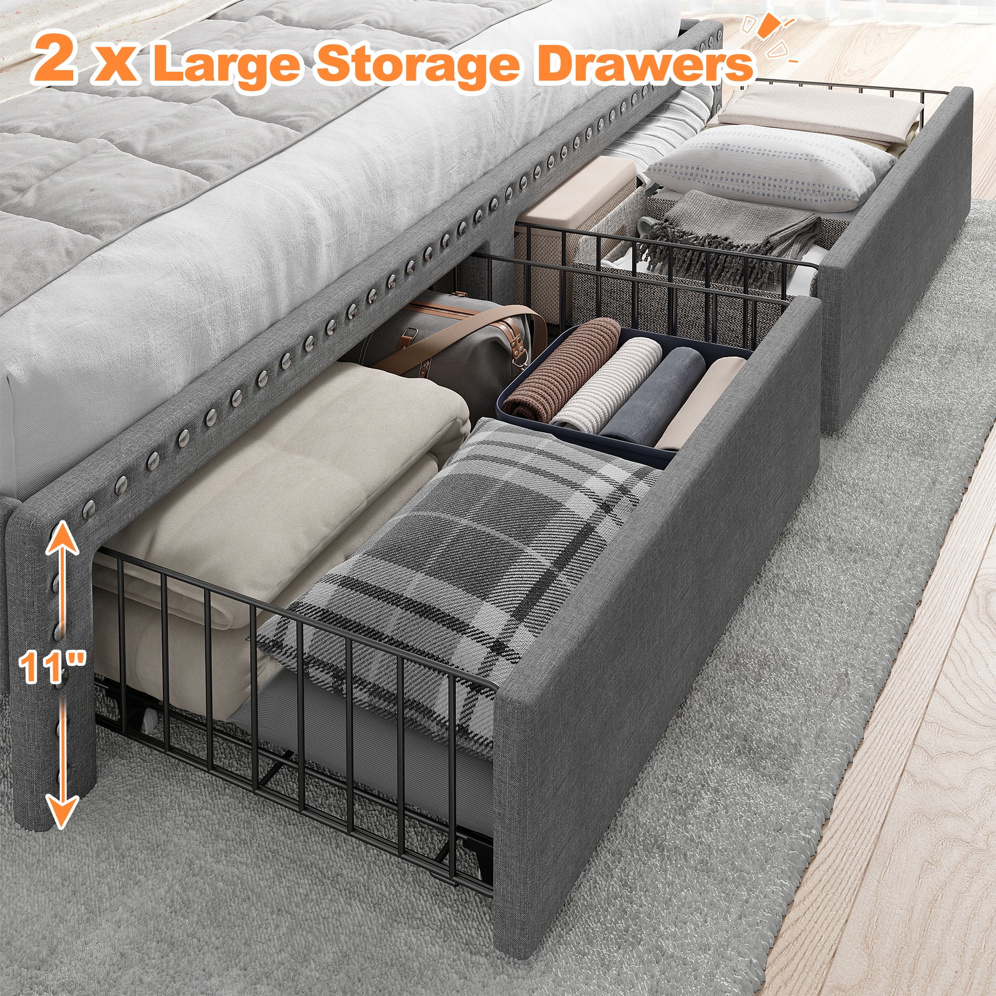 Romorgniz King Size Bed Frame with 2 Storage Drawers and 2-Tier Storage Shelf Upholstered Bed Frame with Headboard Platform Bed Frame Noise-Free No Box Spring Needed,Grey