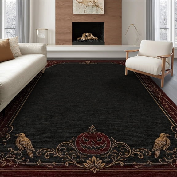 ODIKA 8'x10' Washable Area Rug Non-Shedding, Easy Care, Dark Red Gold Ornate Gothic Design Intricate Floral Border with Halloween Motif for King Size Bedroom Under Bed, Master Suite
