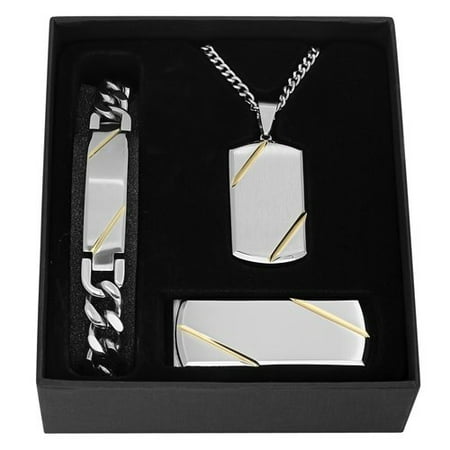Men's Stainless Steel with Yellow IP Bracelet, Dog Tag and Money Clip Box Set