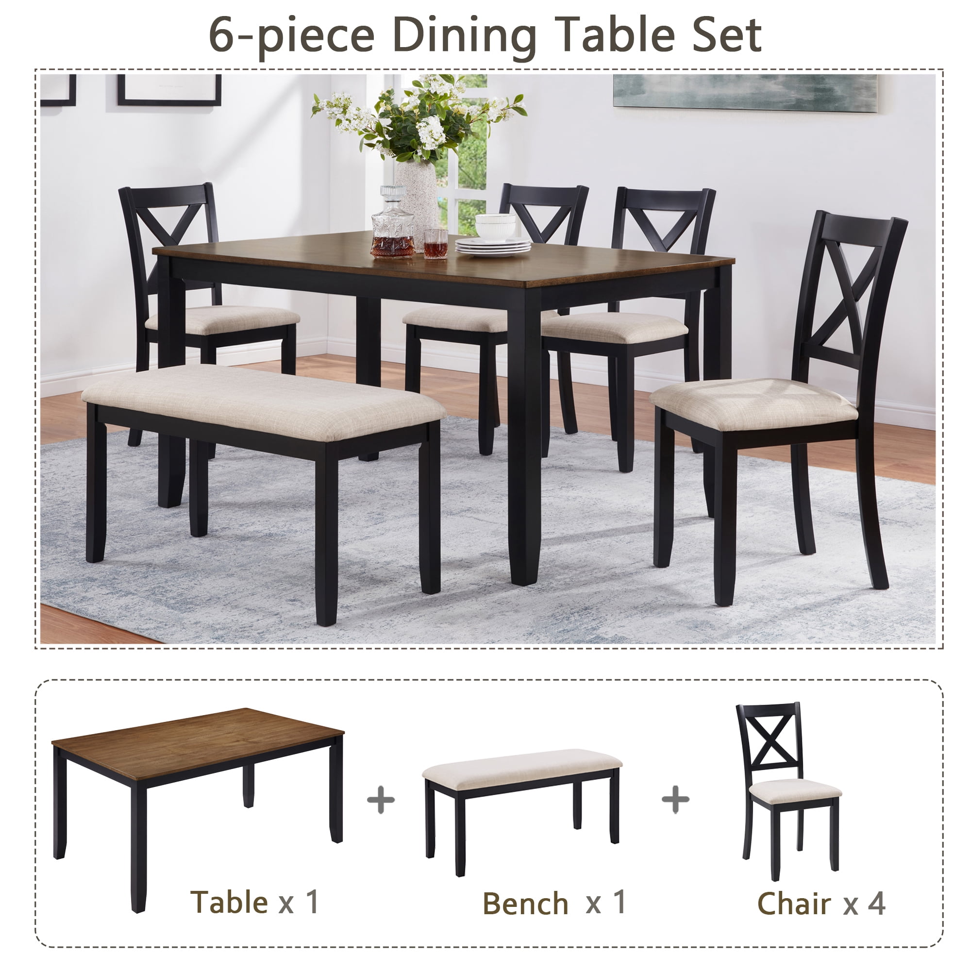 Leumius 6 Pieces Dining Table Set,Wood Dining Table Set with 4 Upholstered Chairs and a Bench,Modern Kitchen Table Set for 6 Person,White+Gray