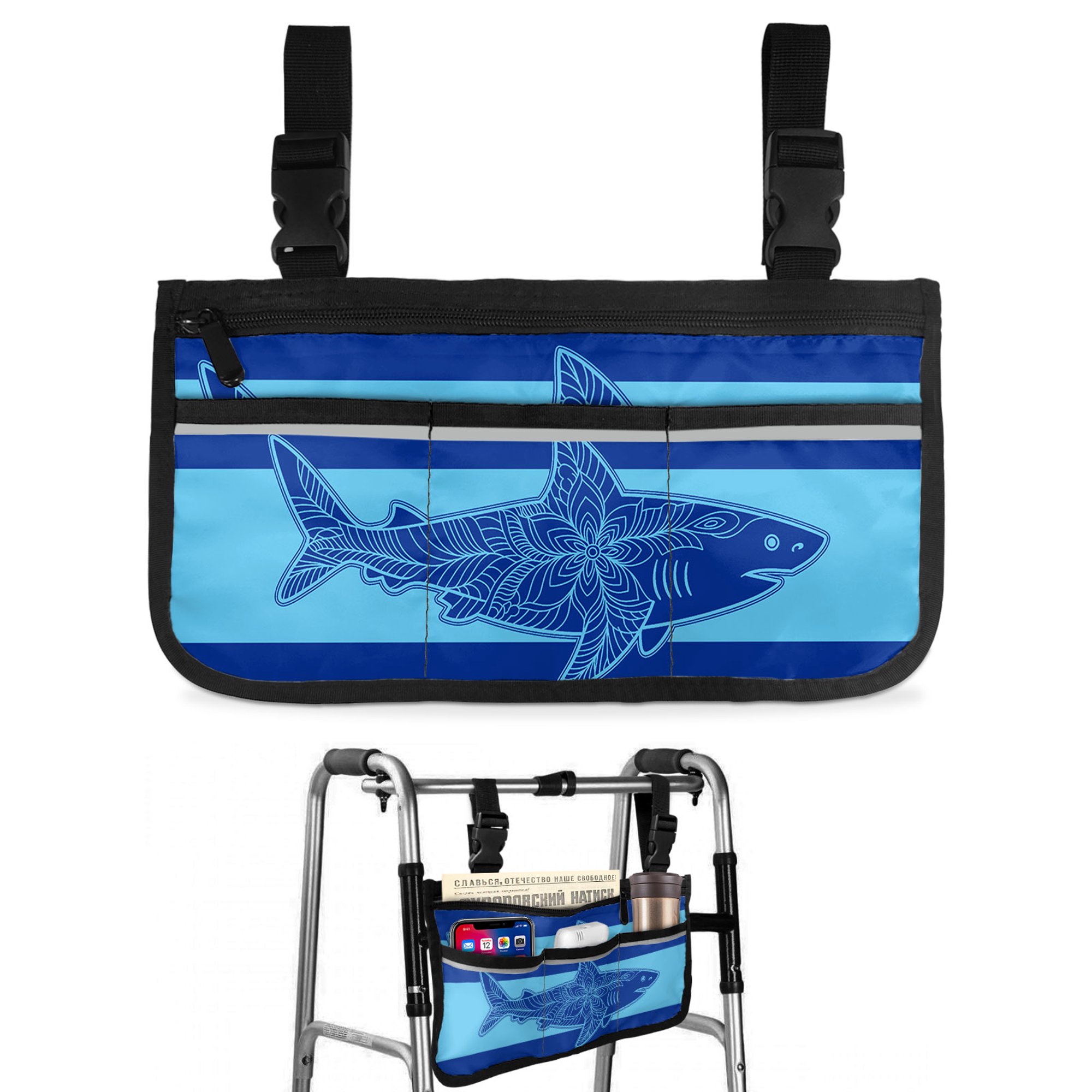 Aqua Navy Blue Shark Wheelchair Side Bag Walk Bag Basket, Summer Beach Coastal Modern Art Wheelchair Accessories Armrest Pouch, Organizer Storage Bags for Walkers, Rollators, Scooters, 7.3"x13"