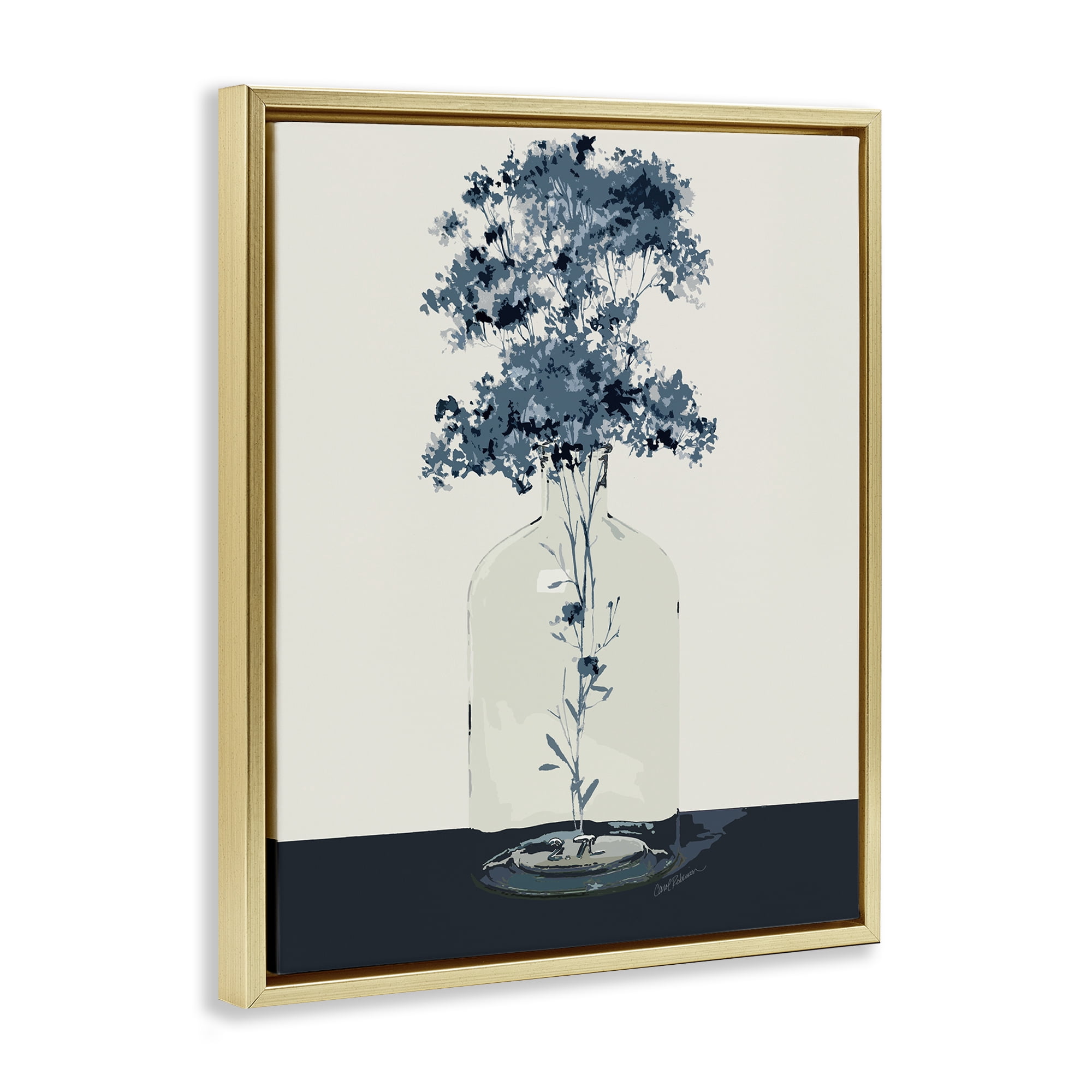 Stupell Industries Blue Nature Sprigs Plants & Flowers Painting Gold Floater Framed Canvas Art Print Wall Art, 17 x 21