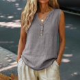 thumbnail image 5 of Women's Tops Tees Blouses Button Decor Loose Cotton Linen Summer Sleeveless Shirts Tank Tops for Women, 5 of 8