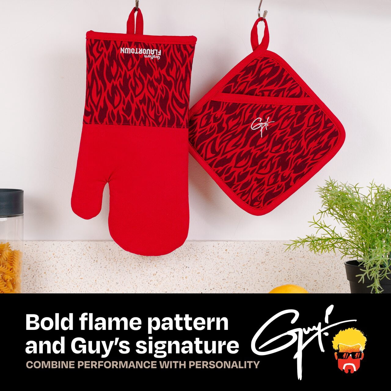 Guy Fieri's Flavortown Kitchen Essentials Bundles, Red Flame 4-Piece Set, 2 Oven Mitts & 2 Pot Holders, High Heat Resistant up to 450°F