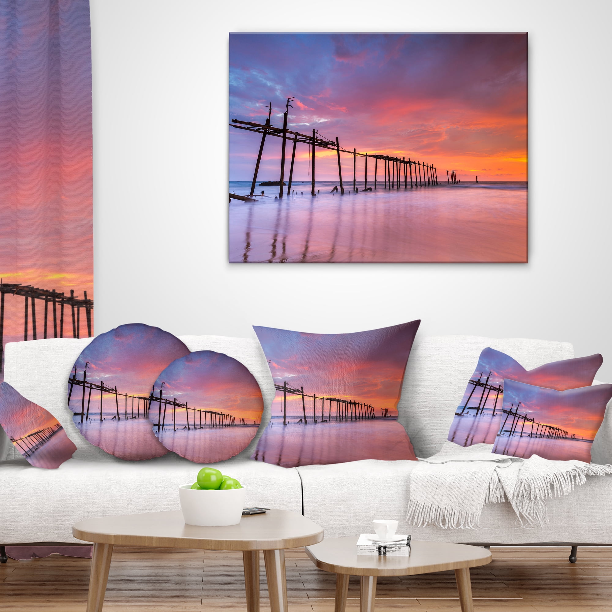 Designart Abandoned Wooden Pier at Sunset - Pier Seascape Throw Pillow - 18x18