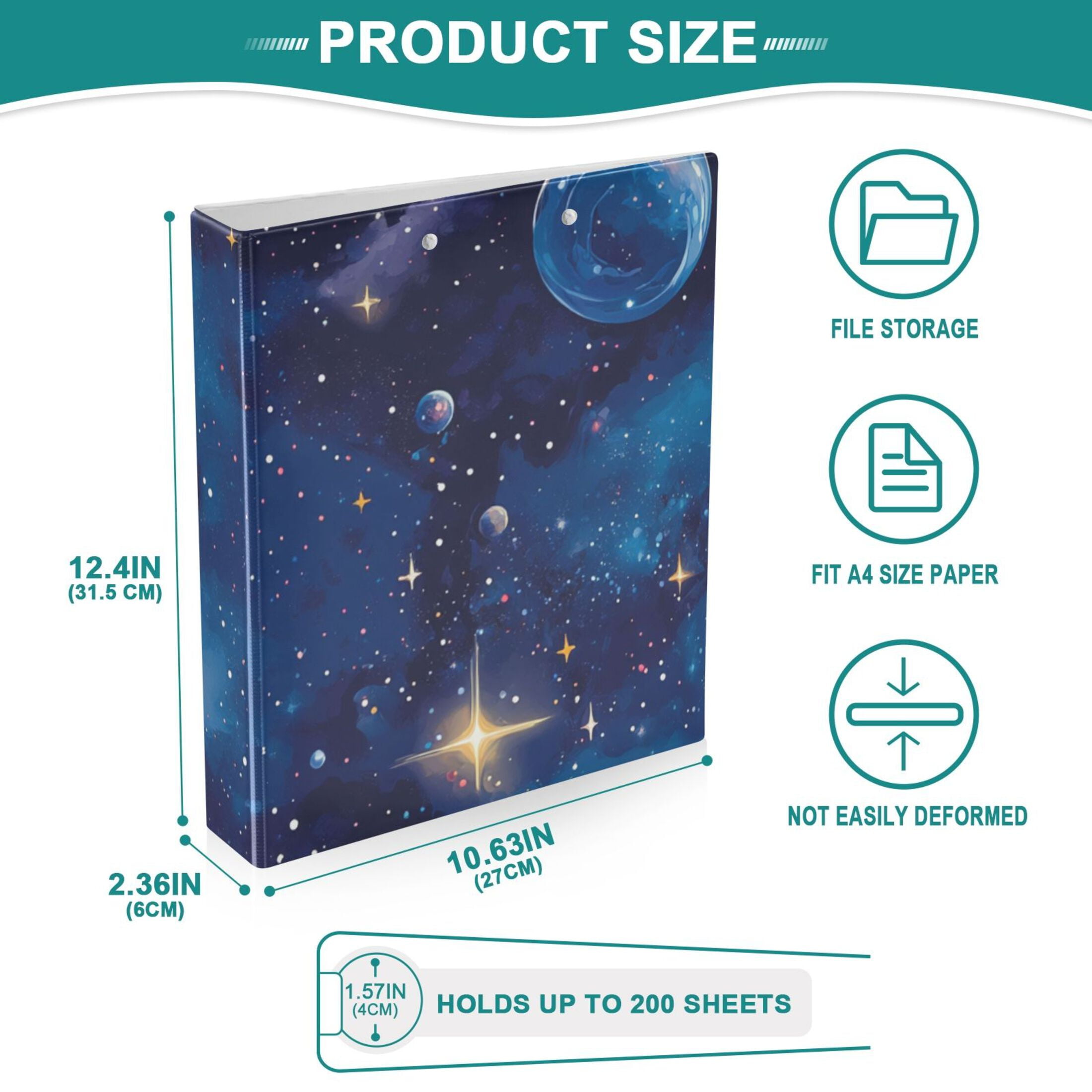 Space Planet 3 Ring Binders 1.5 inch Hardcover File Folders with Interior Pockets A4 Size Organizer for School Office Hospital
