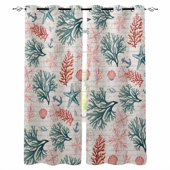 Sage Green Red Coral Blackout Curtains 54 Inches Long for Bedroom, Coastal Nautical Summer Beach Thermal Insulated Room Darkening Black Out Window Curtain Panels Grommet Drapes for Living Room