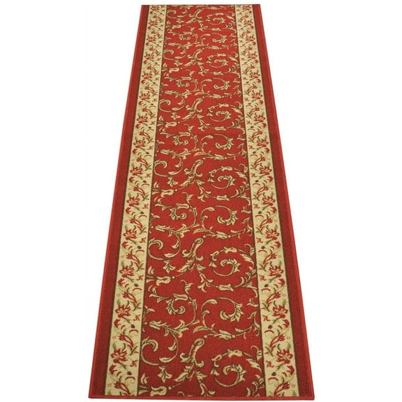 Custom Size Runner Rug Skid Resistant Backing Rug Runner Floral Scroll Bordered Veronica Red Design Pick Your Own Size Rug Runner Cut to Size Roll Runner Rugs By Feet Customize in USA Facility