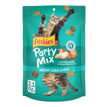 Purina Friskies Party Mix Meow Luau,Cat Treats, Ocean Whitefish, Pork, & Crab, 2.1 oz Bag