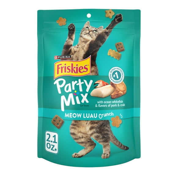 Purina Friskies Party Mix Meow Luau,Cat Treats, Ocean Whitefish, Pork, & Crab, 2.1 oz Bag