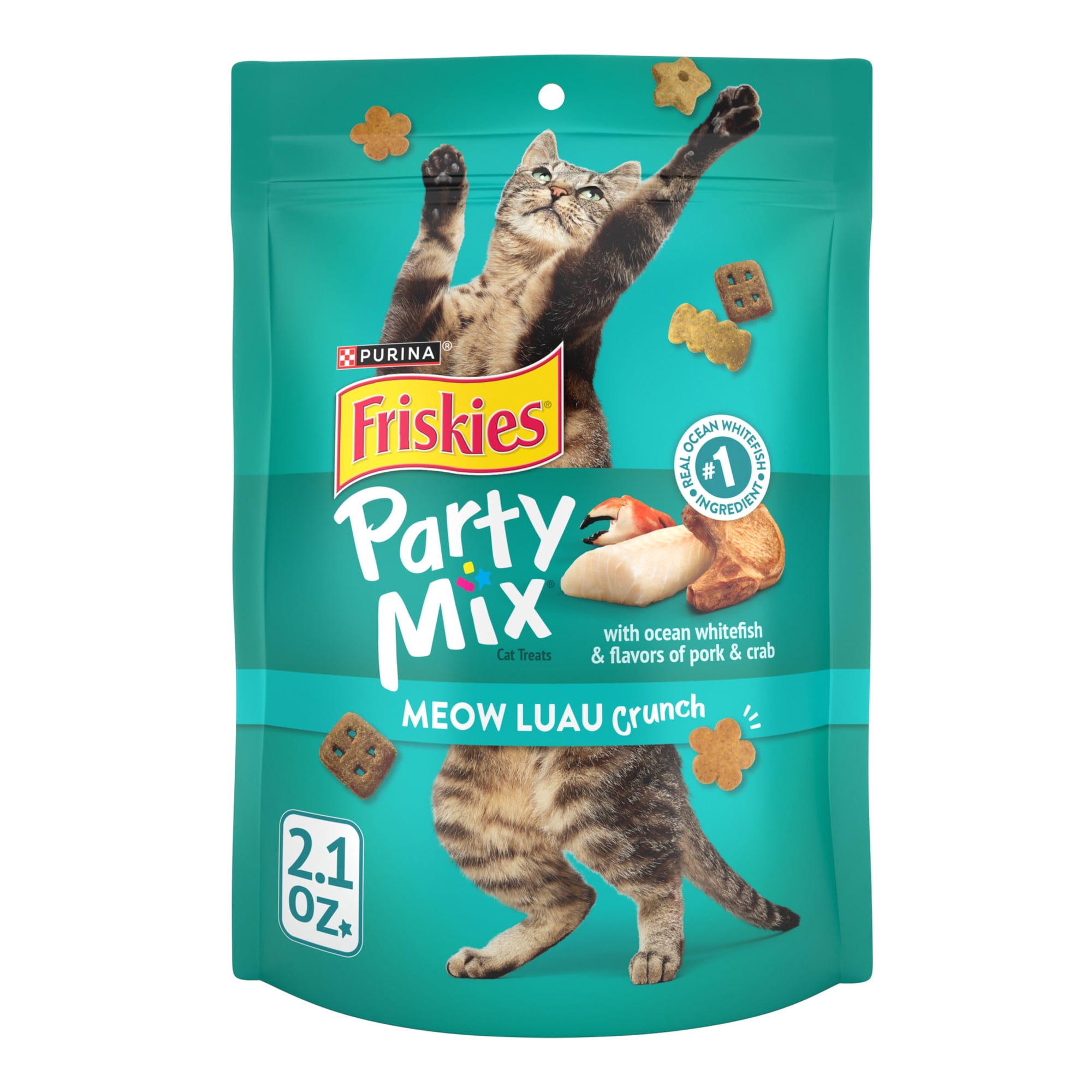 Purina Friskies Party Mix Meow Luau, Cat Treats, Ocean Whitefish, Pork, & Crab, 2.1 oz Bag, 10 Pack