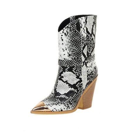 

jsaierl Large Size Snake Print Color Block Pointed High-heel Women s Ankle Boots