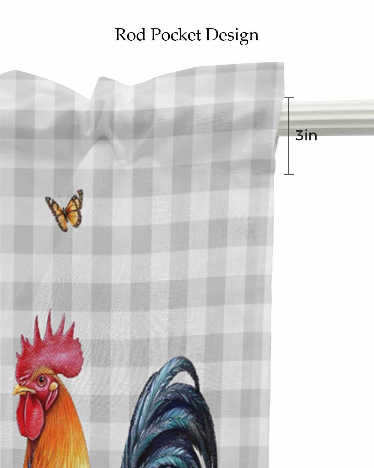 Chicken Sunflowers Kitchen Valances for Windows Farmhouse Linen Window Valance Curtain for Living Room Window Treatment Floral Butterfly Gray White Buffalo Plaid Valance Rod Pocket, 60 x 18 Inch