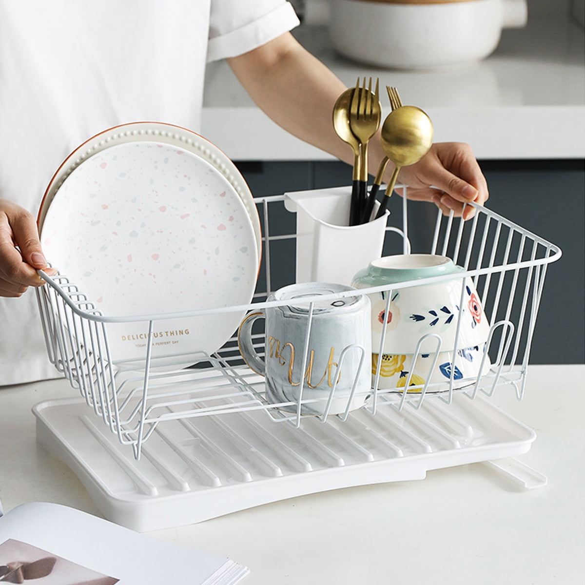 Dish Rack Large Dish Drainer, Cup Dishes Tray Drying Holder Kitchen, White