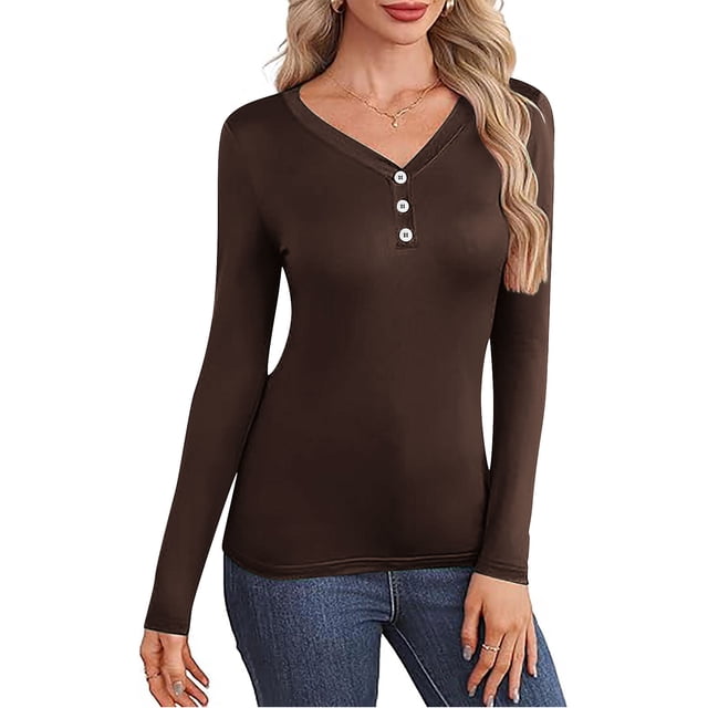 AUNVITO Women's V-Neck Button-Down Thermal Long Sleeve Blouse with Soft Brushed Fabric for Everyday Comfort and Style