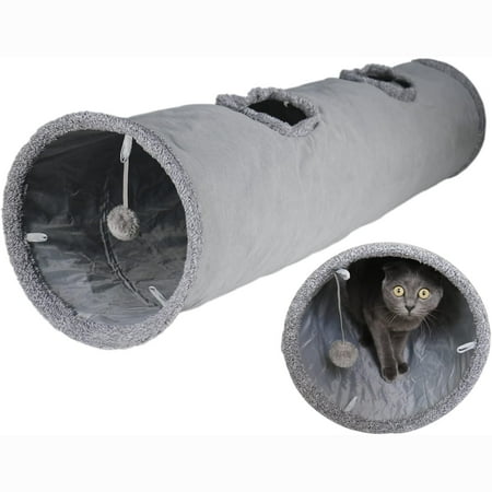 Senhu Cat Tunnel for Indoor Cats, 51×12 inch Foldable Big Cat Tunnel, Grey Suede Pet Tunnels with Two Peepholes and a Bubble Ball