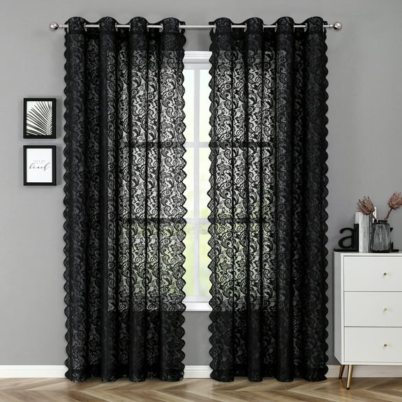 Pinewave Black Lace Curtains Vintage Floral Sheer Curtain 84 inch for Living Room Bedroom Luxury Light Filtering Drapes Grommet Top 2 Panels