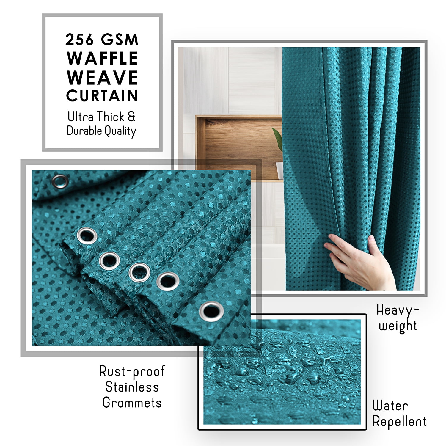 (3 pack) LammaLoe Teal Shower Curtain, Waffle Weave Heavy Duty Fabric Shower Curtain, 72” x 72" Hotel Luxury 256 GSM Bathroom Curtains