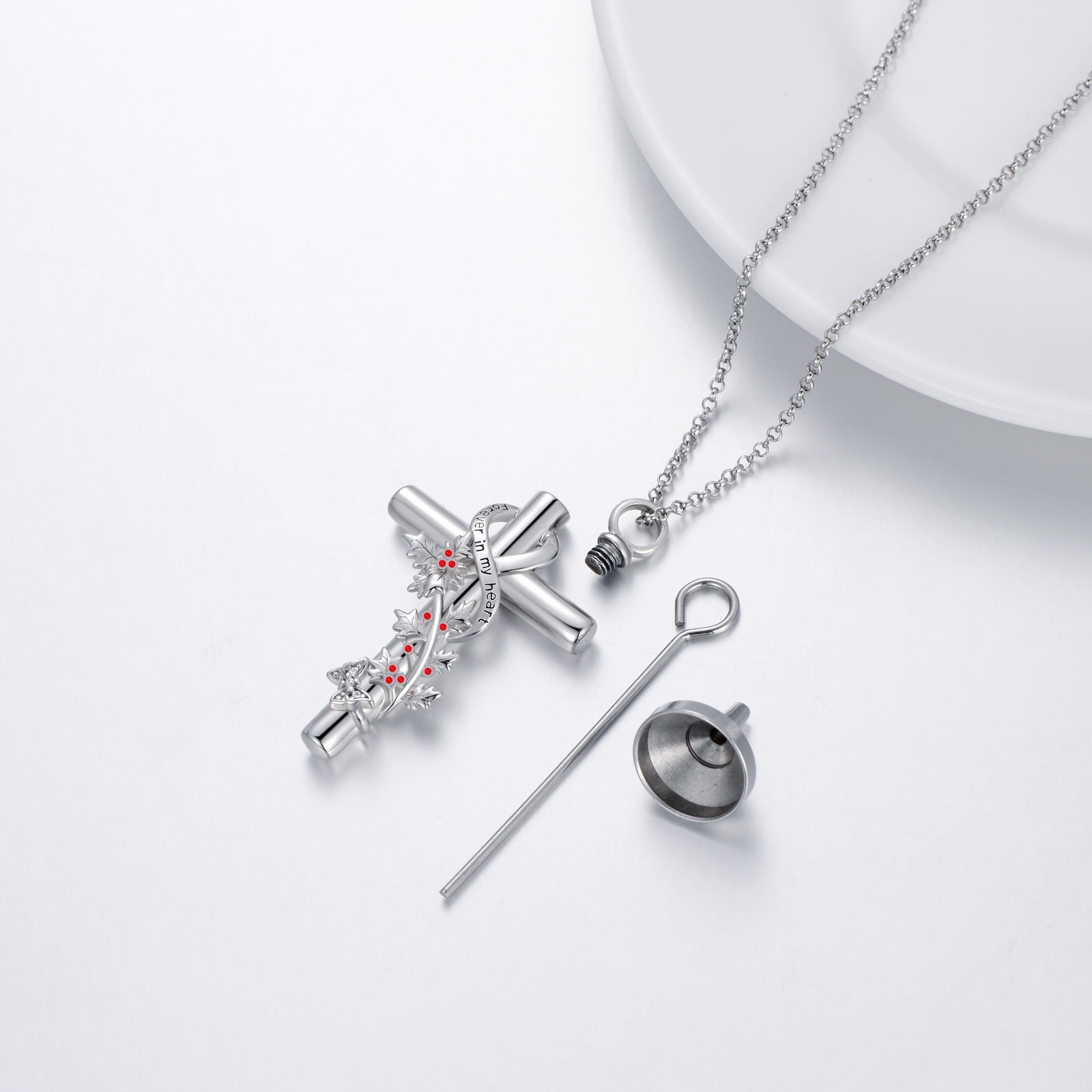 CACA LADY Holly Cross Urn Necklace 925 Sterling Silver Cremation Jewelry with Funnel Filler Kit