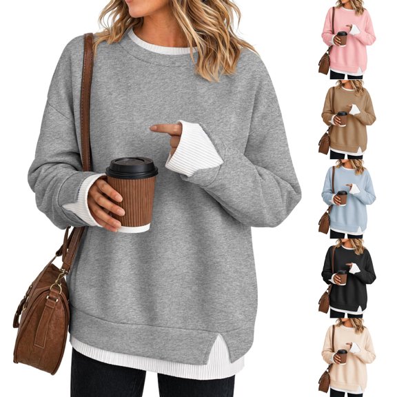 Stralyhd Womens Sweatshirt Oversized Long Sleeve Faux Layered Baggy Soft Pullover Tops Classic Crew Neck Fall Winter Casual Teacher Outfits Gray XXL