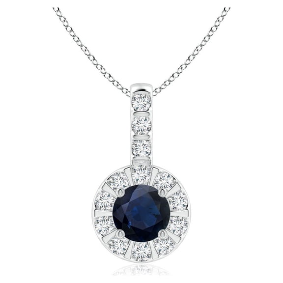 ANGARA Natural Blue Sapphire Pendant with Bar-Set Diamond Halo in 14K White Gold for Women (Size-4mm) | September Birthstone, Anniversary, Jewelry Gift for Women | Natural Blue Sapphire Necklace