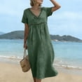 thumbnail image 4 of ClodeEU Women's Linen Blend V Neck Short Sleeve Tiered Ruffle Midi Dress,Casual Loose Boho Beach Sundress Green,Women's Plus S, 4 of 6