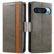 For Google Pixel 9 Pro XL Leather Phone Case Wallet Folio Flip Cover Casual Business, [RFID Blocking] Multi Hidden Anti-theft Card Holder Cash Slot, Side Magnetic Buckle, Stand Support,Gray