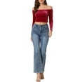 thumbnail image 2 of INSPIRE CHIC Women's Boat Neck Long Sleeve Off Shoulder Cropped Velvet Blouse L Wine Red, 2 of 5
