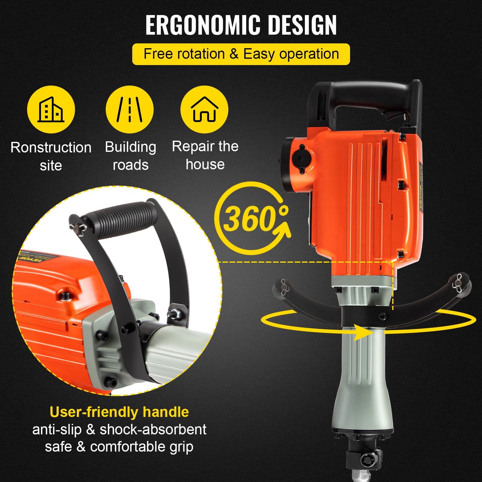 VEVOR Demolition Jack Hammer Concrete Breaker 2200W Electric Hammer 4 Chisel Bit