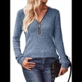 thumbnail image 2 of Suéter Holgado de Punto Acanalado con Cuello de Media Cremallera para Mujer, Blusas Casuales de Larga de Color Liso, Blusas Cómodas y Cálidas Azul XL, 2 of 9