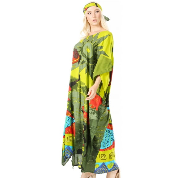 Sakkas Mera Women's Long Loose Short Sleeve Summer Casual Caftan Kaftan Dress - KAF1012-Green - One Size
