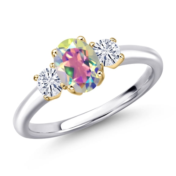 Gem Stone King 10K Two Tone Gold Mercury Mist Mystic Topaz and White Moissanite Engagement Ring for Women | 1.32 Cttw | Oval 7X5MM | Gemstone November Birthstone | Size 6