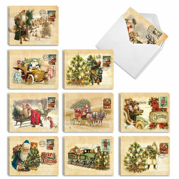 The Best Card Company 20 Assorted Christmas Notecards Box Set 4 x 5.12 Inch with Envelopes (10 Designs, 2 Each) Santa Postcards AM10192XSG-B2x10