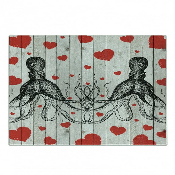 Love Cutting Board, Sketchy Octopus Animal and Hearts on Grunge Wooden Planks Image, Decorative Tempered Glass Cutting and Serving Board, in 3 Sizes, by Ambesonne