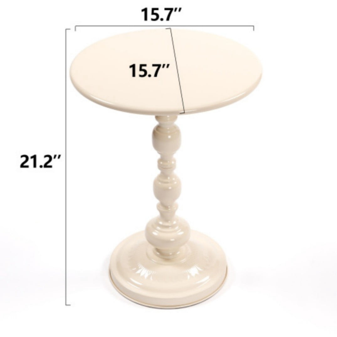 Round Metal Side Table, Vintage End Table with Pedestal Base, Small Accent Table for Sofa, Bedside, Balcony, Living Room & Bedroom, Cream White