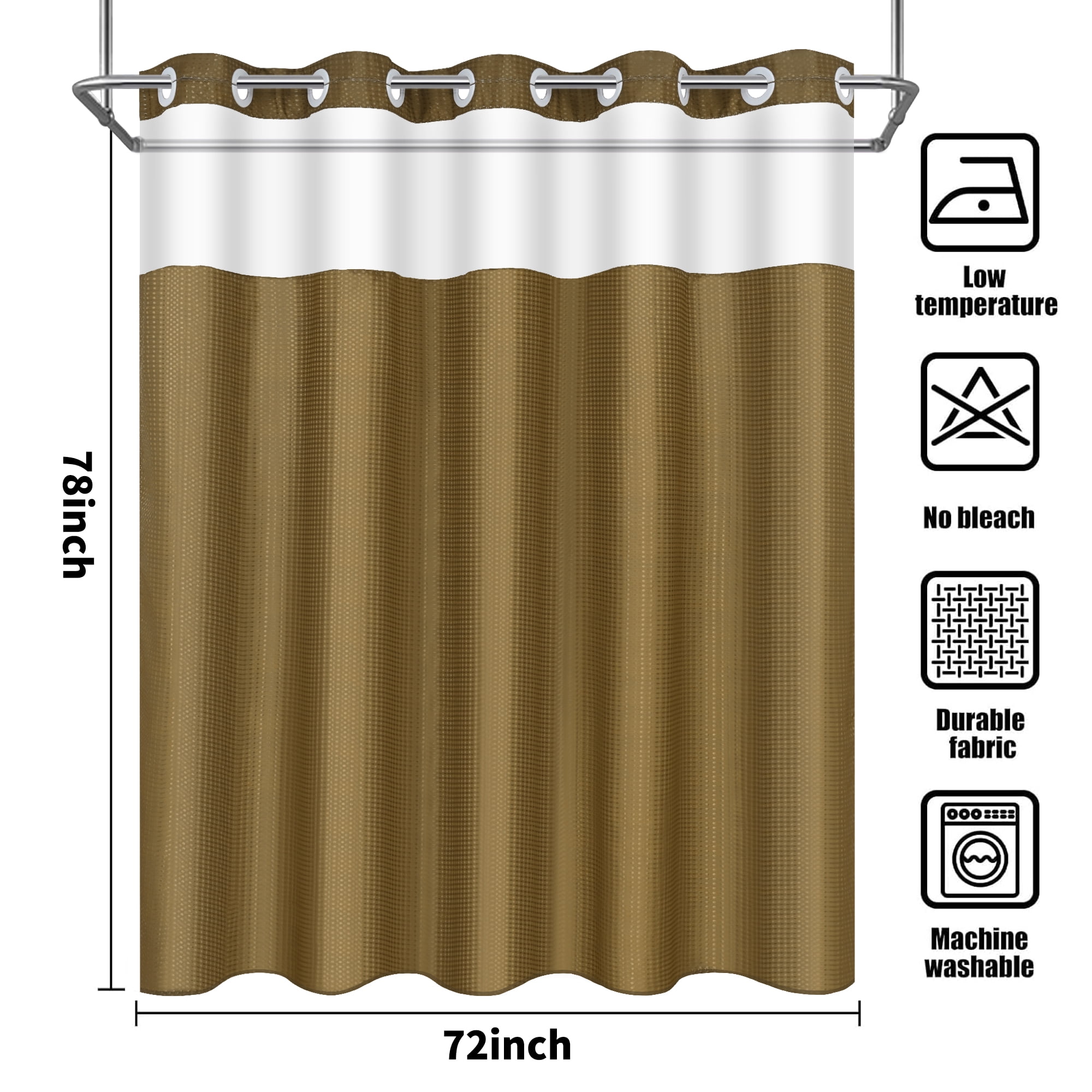 Ikfashoni Hookless Shower Curtain with Snap in Liner,Brown Waffle Weave Waterproof Fabric Mesh Window Bathroom Curtain,72"X78"