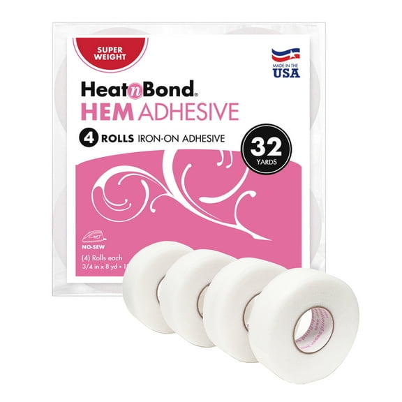 HeatnBond Hem Tape Iron - On Adhesive, Super Weight, 4 Rolls (3/4 Inch x 8 Yards Each), 32 Yards Total, White – No-Sew Hemming Tape for Pants, Curtains, Dresses, and Fabrics