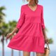 thumbnail image 2 of Gibobby Vestido Mujer Casual de Playa Verano Vestido largo de playa de manga corta con cuello en V informal de color liso para mujer(Rosa caliente,M), 2 of 5