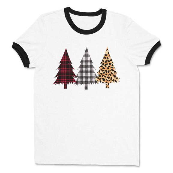 Plaid Print Christmas Trees Ringer Tee Shirt Unisex Large White/Black