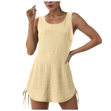 Xudanell Womenâs Tassel Kaftan Swimsuit Cover-Up & Bikini Cover-Up Dress Solid Round Neck for Women for Pool and Beach (A097-Light Yellow M)