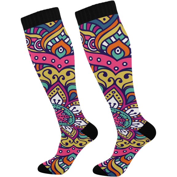 FREEAMG Mandala Compression Socks Women Men Long Stocking (20-30mmHg) Travel Knee High Stockings for Athletic Sports,Running,Cycling,Nursing