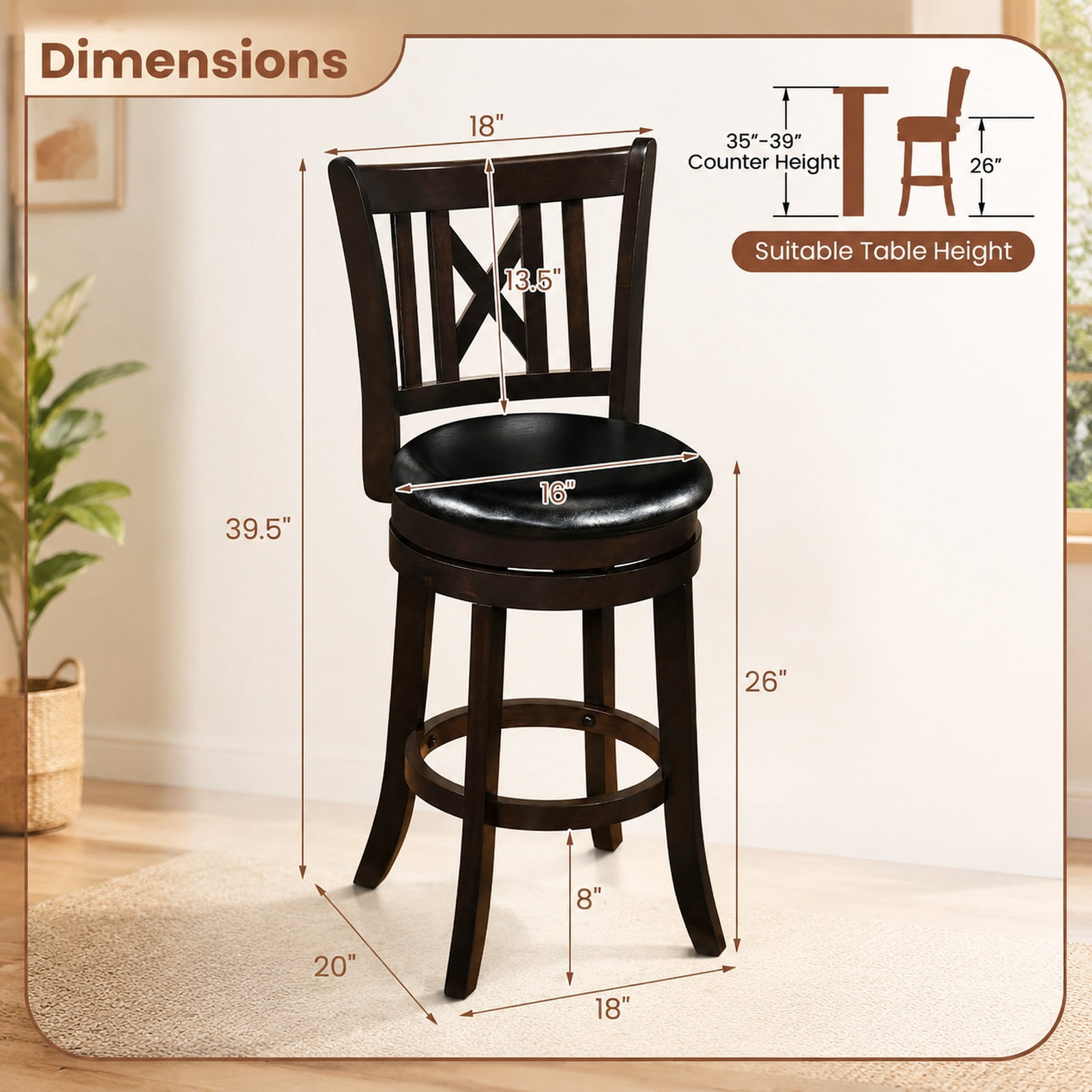 Furnibear Set of 2 Bar Stools Swivel Bar Chairs with Hollowed Backrest and Footrest-26 inches for Kitchen Island Counter Bar Pub Dining Home, Taupe