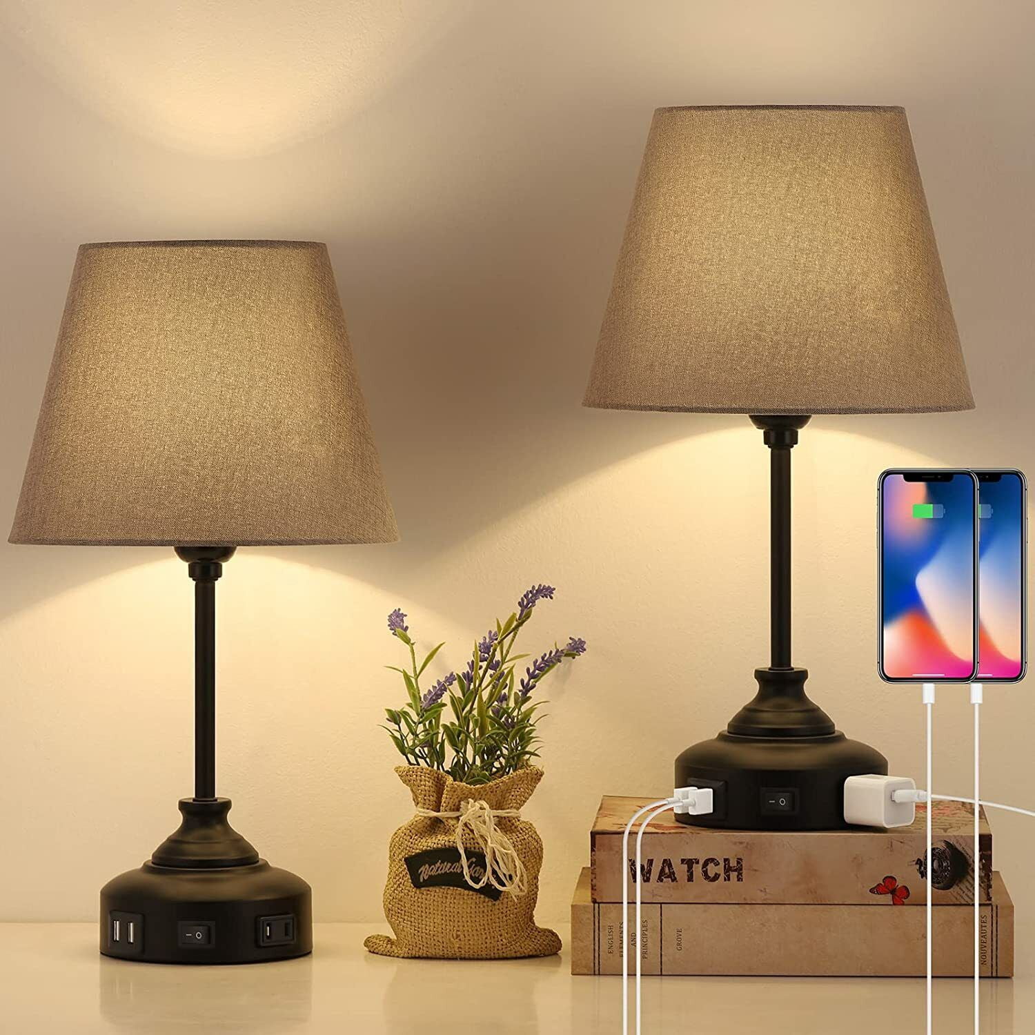 Set of 2 USB Table Lamps for Nightstand with Grey Lamp Shade Bedroom Nightstand