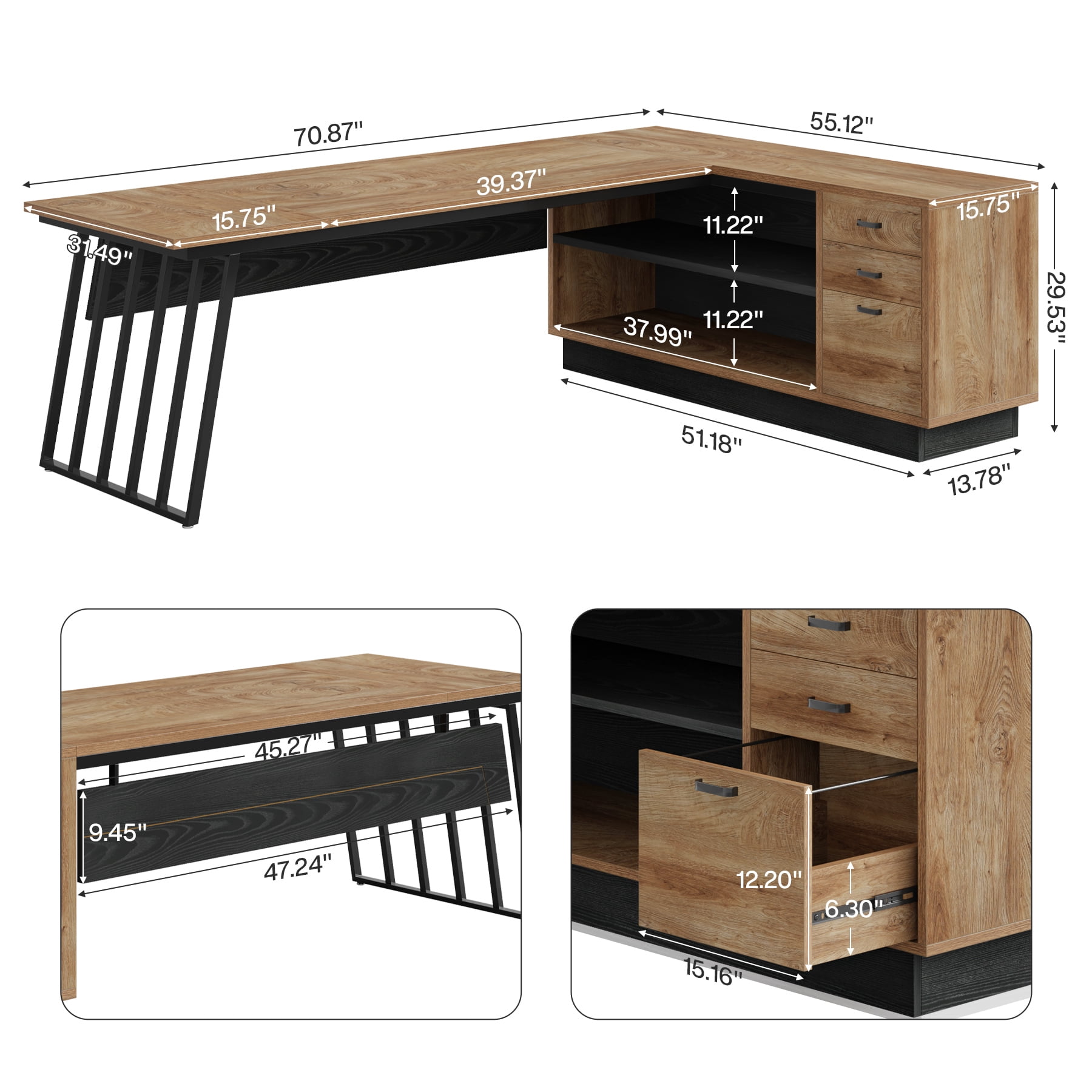 71-Inch L-Shaped Executive Desk, Large Office Desk with Cabinet and Shelves, Oak and Black