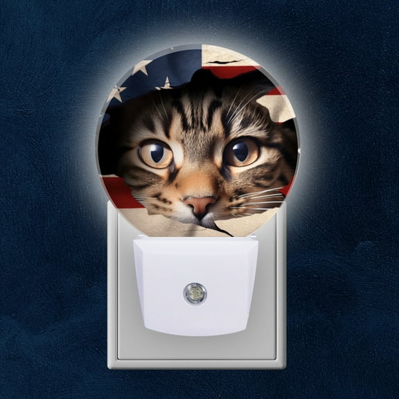 Night Light Plug into Wall,Dusk to Dawn Sensor Auto-On/Off for Bathroom, Hallway,Kids Room-Cute Cat'S Head Peeking Out Of American Flag