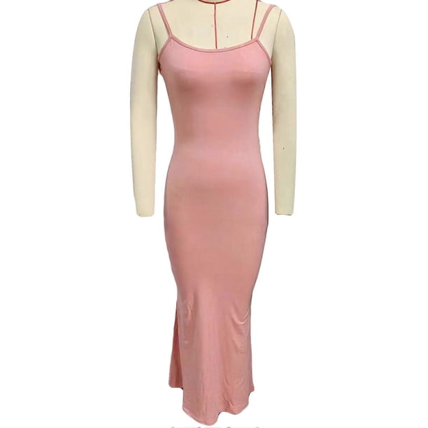 Women Spaghetti Straps Dress Slim Fitting Pure Color Ribbed Knit Summer Hip Wrap Long Dress Leather Pink XS