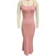 thumbnail image 1 of Women Spaghetti Straps Dress Slim Fitting Pure Color Ribbed Knit Summer Hip Wrap Long Dress Leather Pink XS, 1 of 2